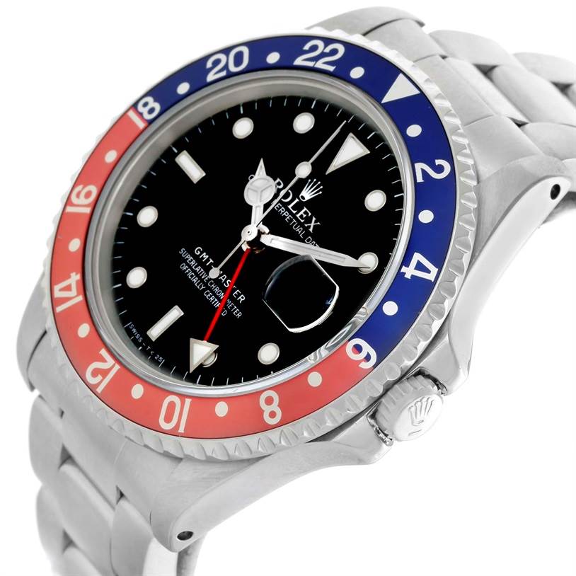 The image shows a close-up angled view of the Rolex GMT-Master 16700 Men
s Stainless Steel Black Dial 16700 Men
s Stainless Steel Black Dial watch, displaying the bezel, dial, crown, and bracelet.