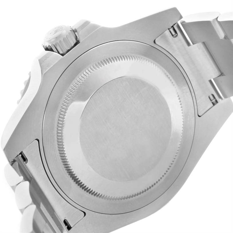 The image shows the back case and part of the band of a Rolex GMT-Master 116710 Men's Stainless Steel Black Dial 116710 Men's Stainless Steel Black Dial watch in a slightly angled underside view.