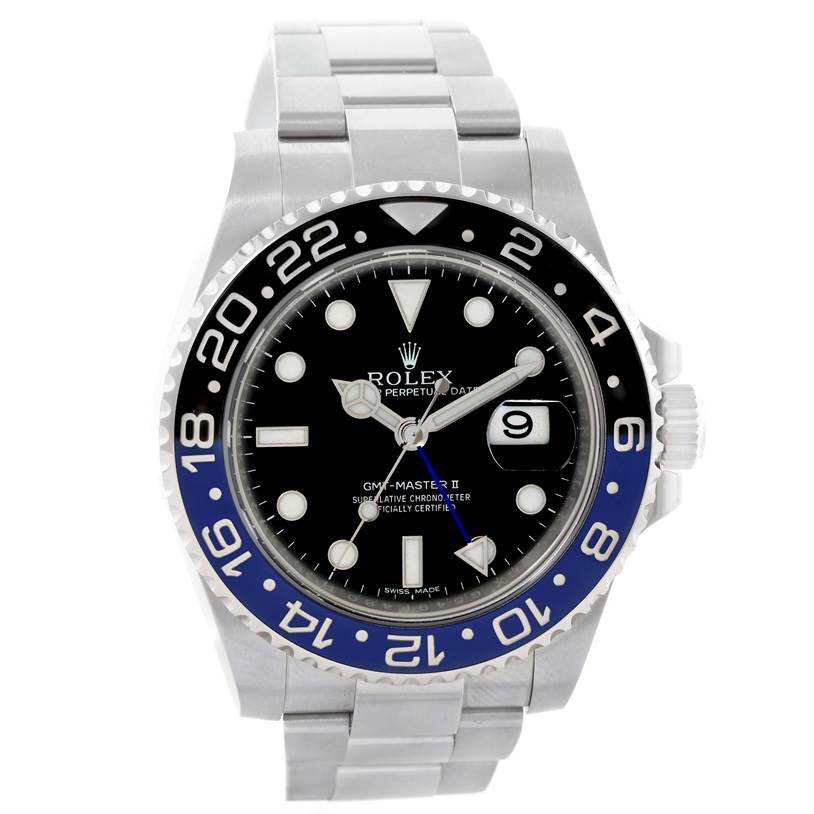This image shows a Rolex GMT-Master 116710 Men's Stainless Steel Black Dial 116710 Men's Stainless Steel Black Dial II watch from a front angle, highlighting the dial, bezel, date window, and bracelet.