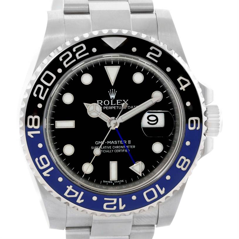 This image shows the frontal view of a Rolex GMT-Master 116710 Men's Stainless Steel Black Dial 116710 Men's Stainless Steel Black Dial II watch, featuring its dial, hands, bezel, and part of the bracelet.