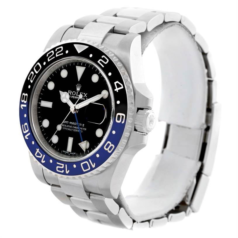 The image shows a Rolex GMT-Master 116710 Men's Stainless Steel Black Dial 116710 Men's Stainless Steel Black Dial watch at a slight angle, highlighting the bezel, face, crown, and bracelet.
