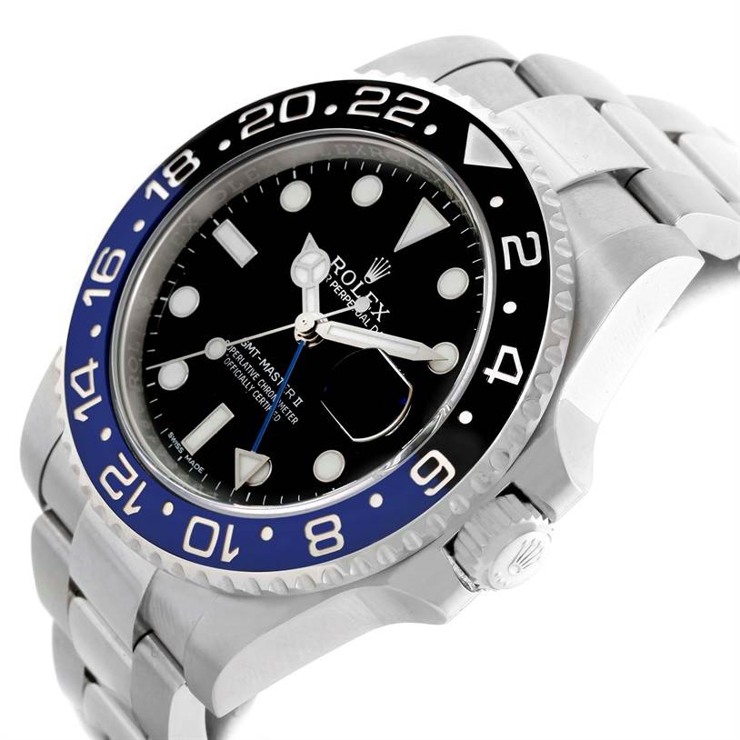 The image shows a close-up, angled side view of a Rolex GMT-Master 116710 Men's Stainless Steel Black Dial 116710 Men's Stainless Steel Black Dial watch displaying the bezel, dial, and bracelet.