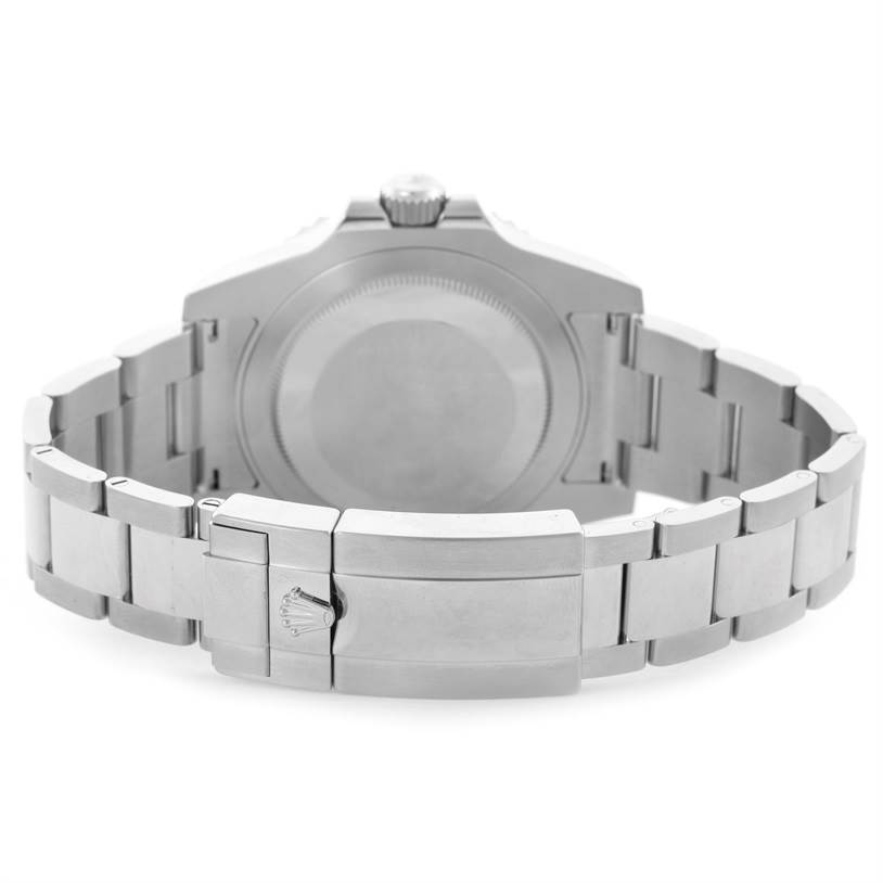 This image shows the back case and metal bracelet clasp of a Rolex GMT-Master 116710 Men's Stainless Steel Black Dial 116710 Men's Stainless Steel Black Dial watch from a rear angle.