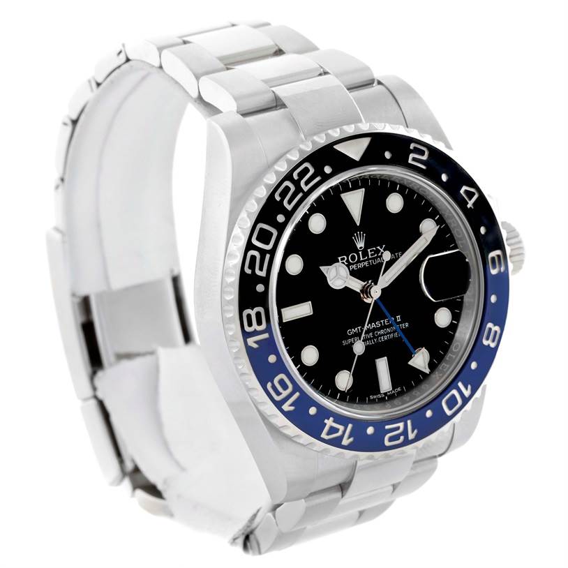 The image shows a Rolex GMT-Master 116710 Men's Stainless Steel Black Dial 116710 Men's Stainless Steel Black Dial II watch at a slight side angle, highlighting the dial, bezel, and bracelet.