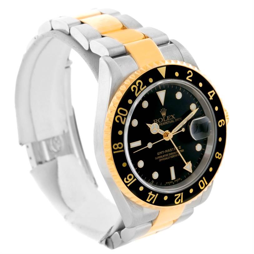 The Rolex GMT-Master 16713 Men's Stainless Steel Black Dial 16713 Men's Stainless Steel Black Dial watch is shown at a slight angle, highlighting the bezel, dial, and part of the bracelet.
