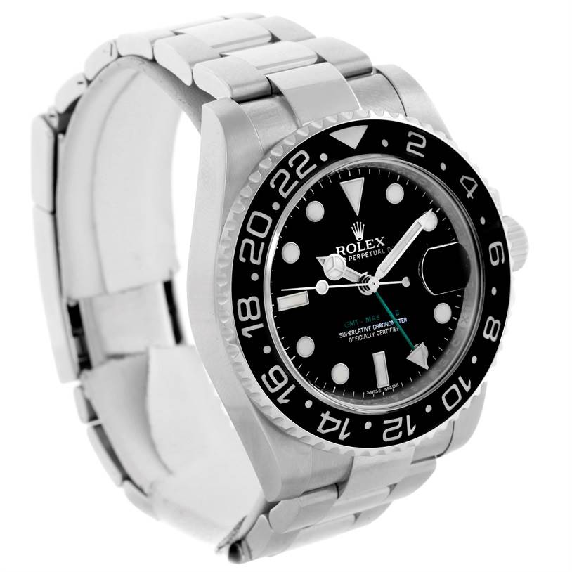This image shows a front-left angled view of the Rolex GMT-Master 116710 Men's Stainless Steel Black Dial 116710 Men's Stainless Steel Black Dial watch, highlighting its face, bezel, and bracelet.