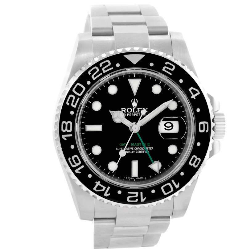 This is a front view of the Rolex GMT-Master 116710 Men's Stainless Steel Black Dial 116710 Men's Stainless Steel Black Dial watch, showing the dial, bezel, and bracelet.