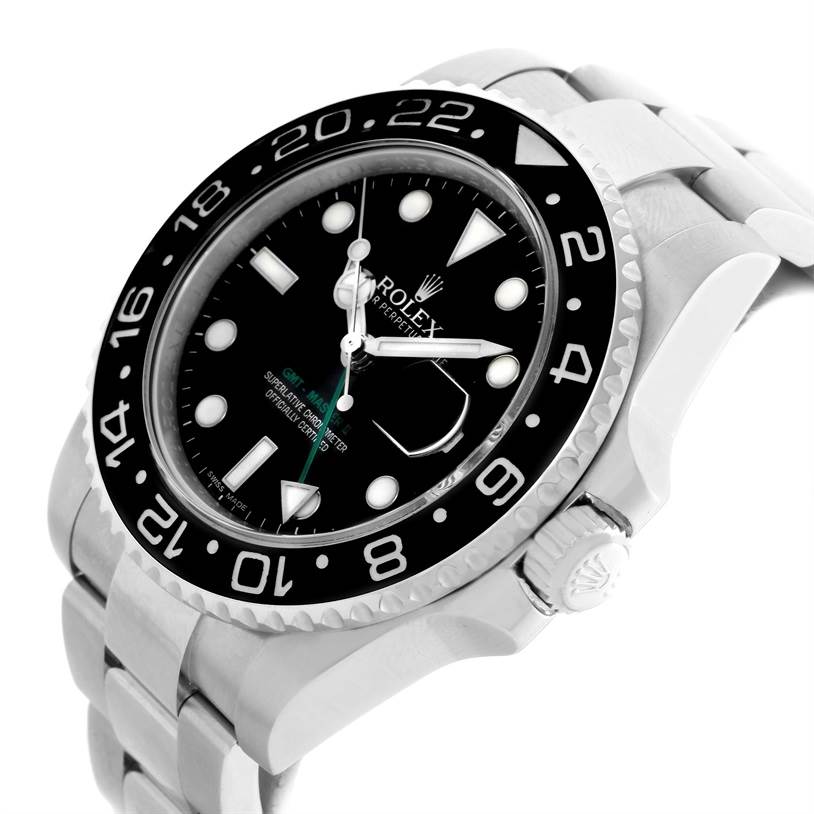 This image shows a Rolex GMT-Master 116710 Men's Stainless Steel Black Dial 116710 Men's Stainless Steel Black Dial watch from an angled view, highlighting the dial, bezel, and bracelet.