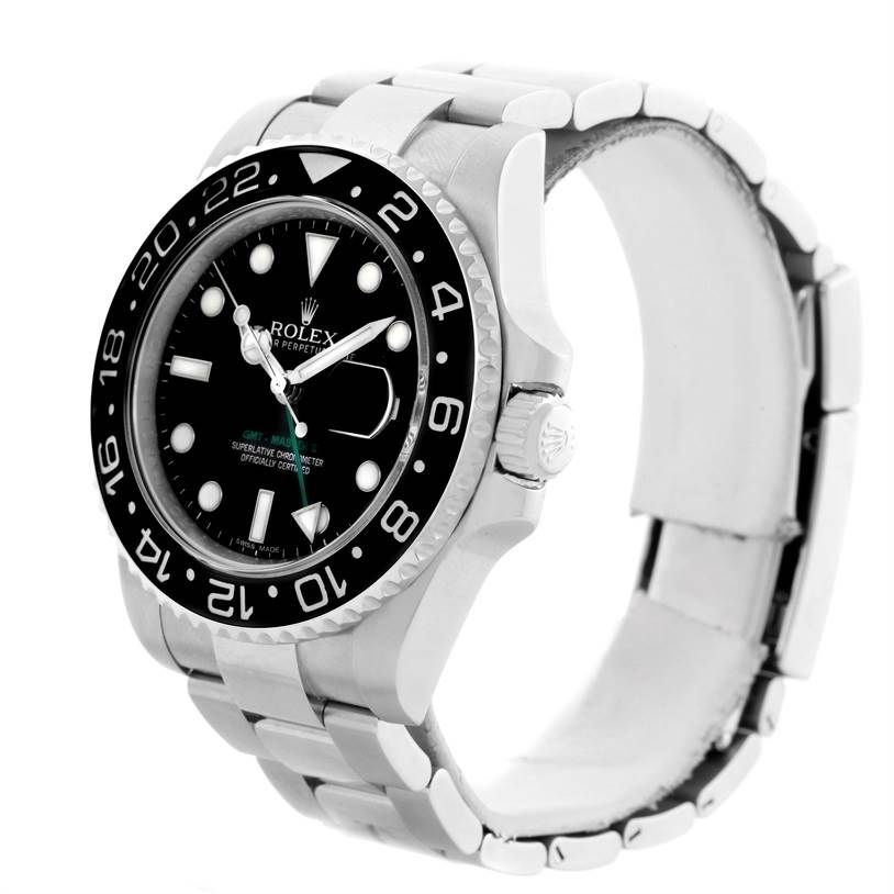 The Rolex GMT-Master 116710 Men's Stainless Steel Black Dial 116710 Men's Stainless Steel Black Dial watch is shown at a slight angle, highlighting the bezel, dial, crown, and bracelet.