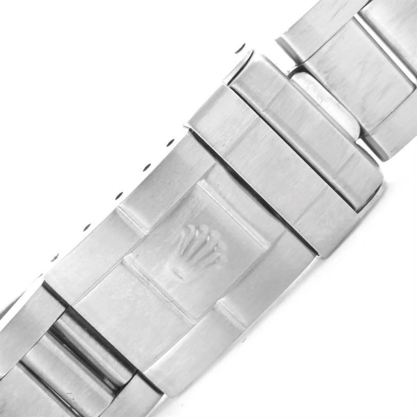 This image shows a close-up of the metal bracelet clasp of a Rolex GMT-Master 16710 Men
s Stainless Steel Black Dial 16710 Men
s Stainless Steel Black Dial watch.