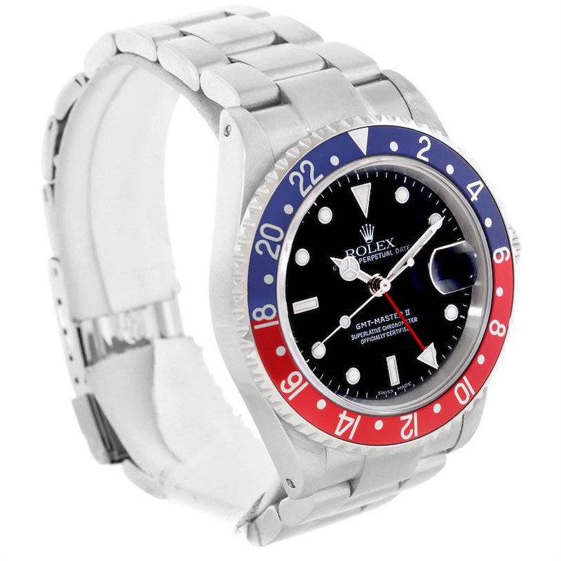 This Rolex GMT-Master watch is shown at a slight angle, displaying the bracelet, bezel, dial, and crown.