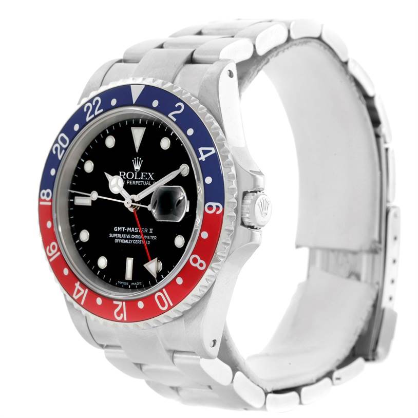 The image shows a side view of a Rolex GMT-Master 16710 Men
s Stainless Steel Black Dial 16710 Men
s Stainless Steel Black Dial watch, highlighting its bezel, dial, crown, and bracelet.