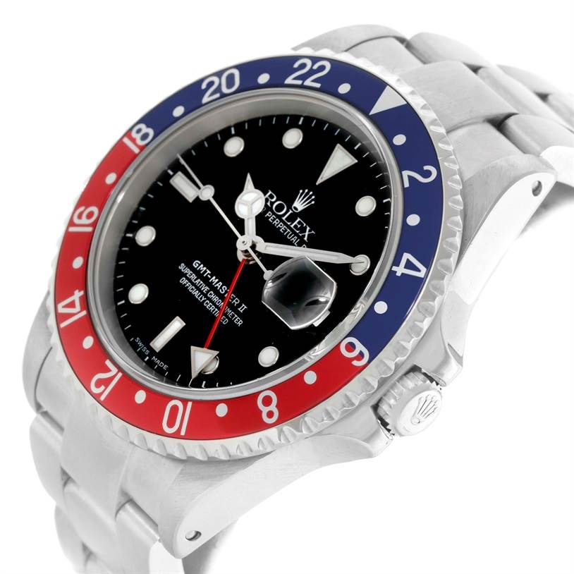 The image shows the front and side angle of a Rolex GMT-Master 16710 Men
s Stainless Steel Black Dial 16710 Men
s Stainless Steel Black Dial watch, highlighting the bezel, dial, and part of the bracelet.