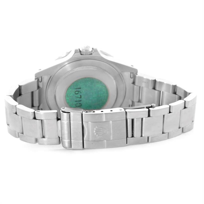 The image shows the back view of a Rolex GMT-Master 16710 Men
s Stainless Steel Black Dial 16710 Men
s Stainless Steel Black Dial watch, highlighting the bracelet and clasp.