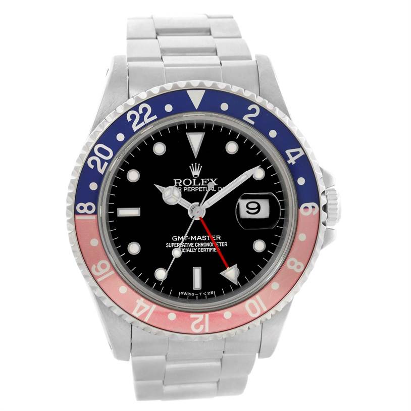 This is a front view of a Rolex GMT-Master 16700 Men's Stainless Steel Black Dial 16700 Men's Stainless Steel Black Dial watch showing its dial, bezel, and bracelet.