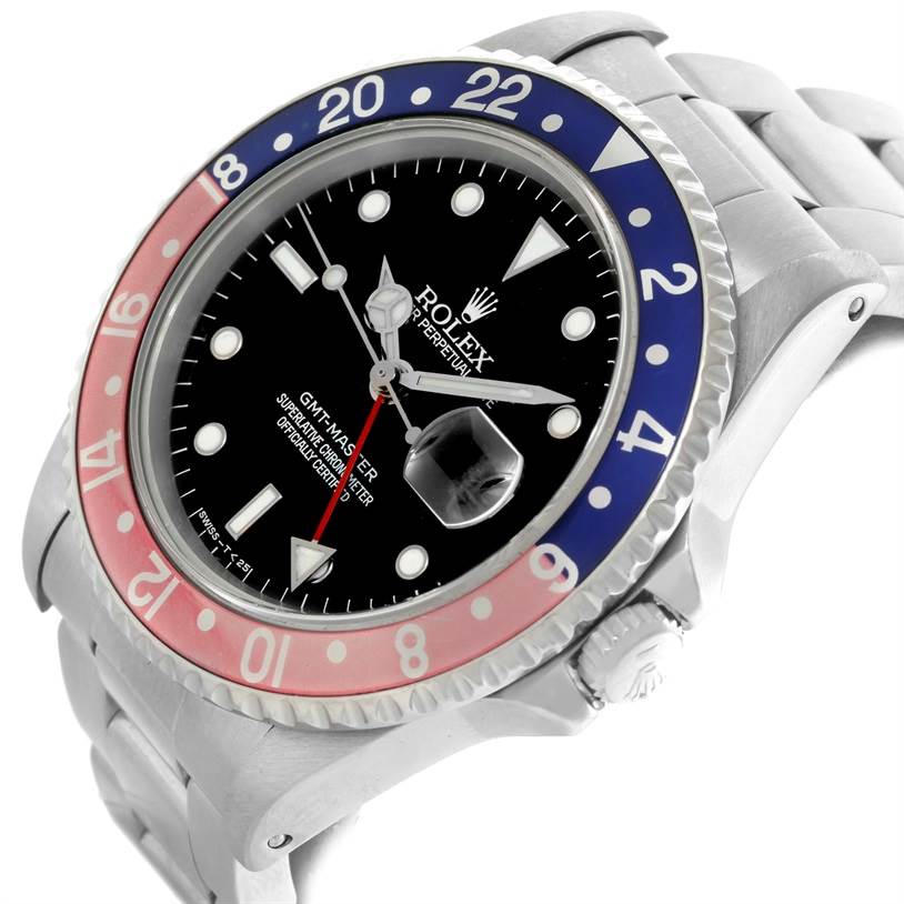 The Rolex GMT-Master 16700 Men's Stainless Steel Black Dial 16700 Men's Stainless Steel Black Dial watch is shown at an angle displaying the face, bezel, crown, and part of the bracelet.