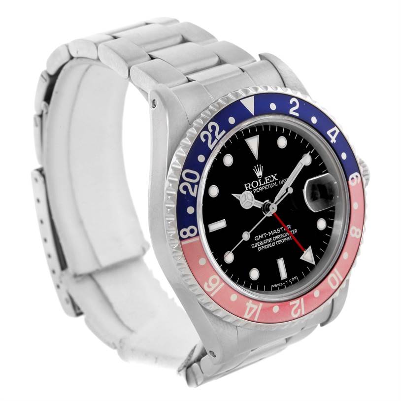 This Rolex GMT-Master 16700 Men's Stainless Steel Black Dial 16700 Men's Stainless Steel Black Dial watch is shown at an angled front view, highlighting the bezel, dial, and part of the bracelet.