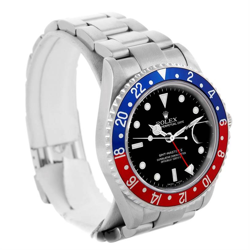 The Rolex GMT-Master 16710 Men's Stainless Steel Black Dial 16710 Men's Stainless Steel Black Dial watch is shown at an angle highlighting the bezel, dial, and bracelet.