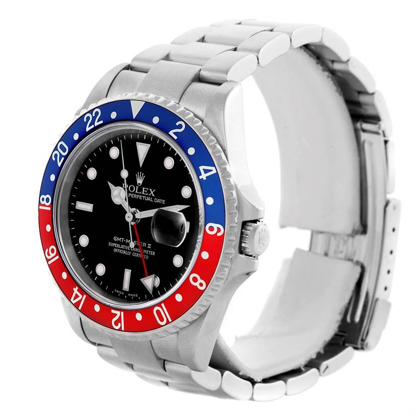 The image shows a Rolex GMT-Master 16710 Men's Stainless Steel Black Dial 16710 Men's Stainless Steel Black Dial watch at an angled side view, highlighting the bezel, bracelet, and dial.
