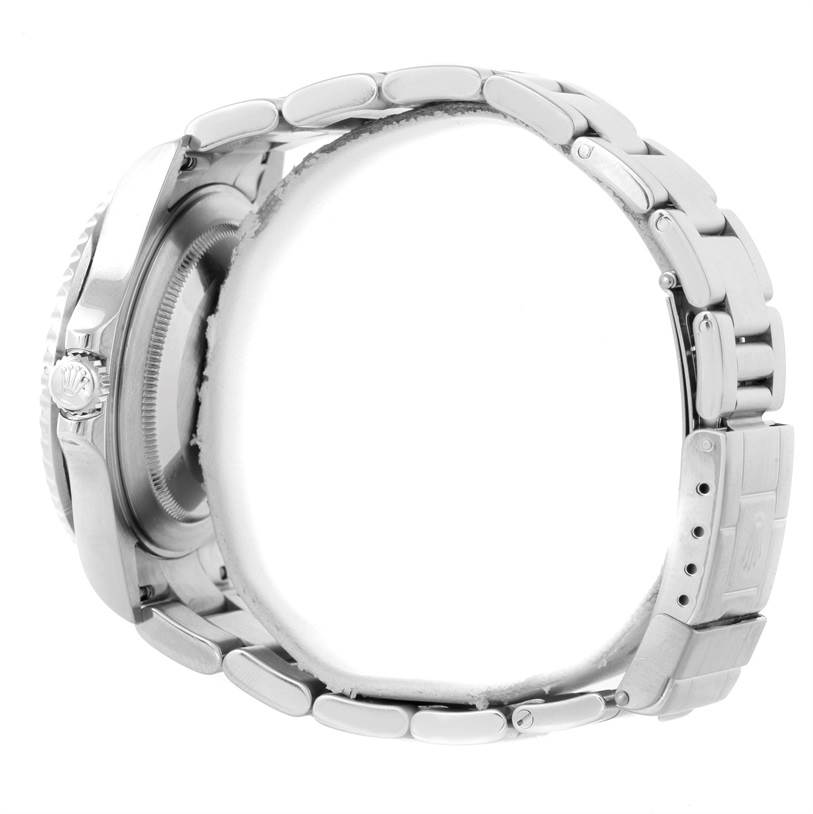 The image shows a side view of a Rolex GMT-Master 16710 Men's Stainless Steel Black Dial 16710 Men's Stainless Steel Black Dial, highlighting the case, crown, and bracelet.