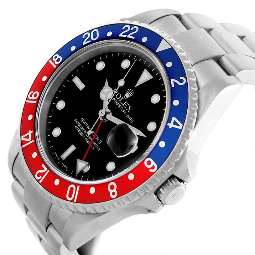 The image shows a Rolex GMT-Master 16710 Men's Stainless Steel Black Dial 16710 Men's Stainless Steel Black Dial model watch at a tilted angle, highlighting the bezel, dial, crown, and bracelet.
