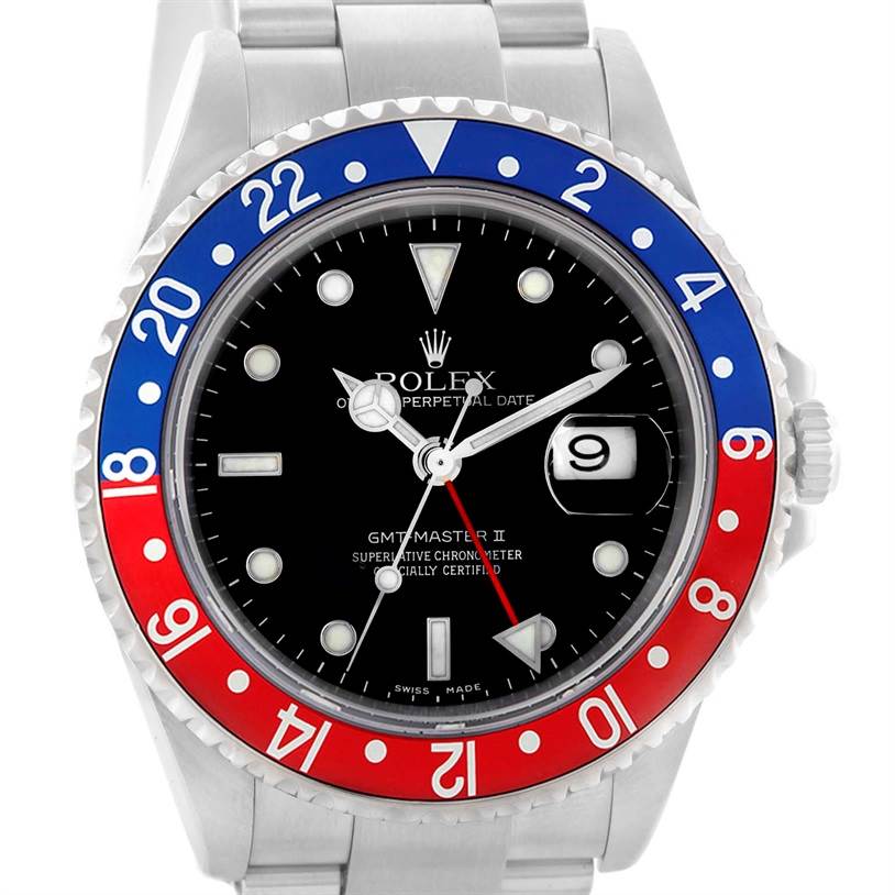 This Rolex GMT-Master 16710 Men's Stainless Steel Black Dial 16710 Men's Stainless Steel Black Dial watch is shown from the front, displaying its bezel, dial, hands, and bracelet.