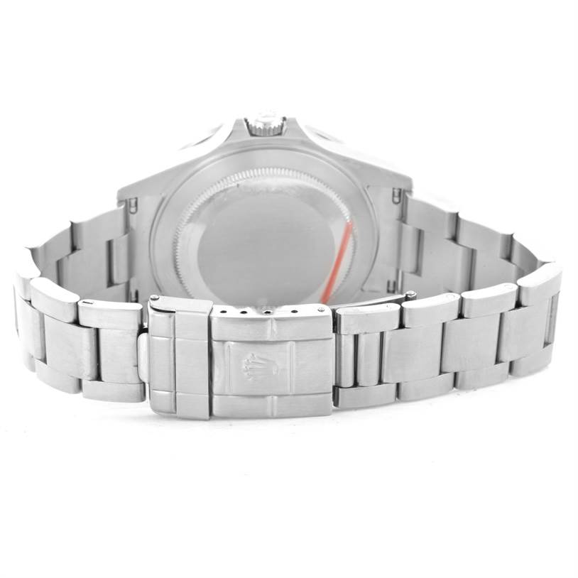 The image shows the back view of a Rolex GMT-Master 16710 Men's Stainless Steel Black Dial 16710 Men's Stainless Steel Black Dial watch, highlighting the case back and metal bracelet clasp.