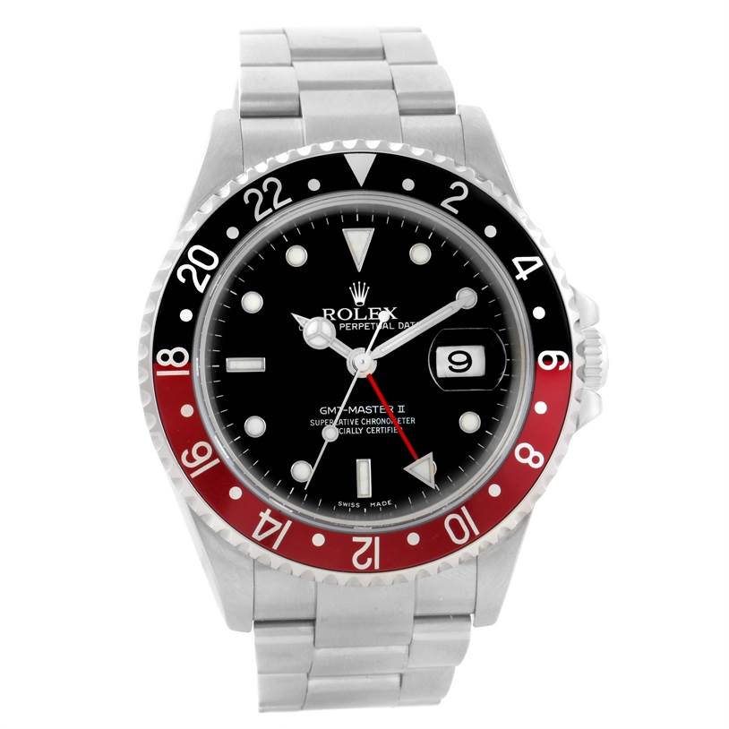 The image shows a front view of a Rolex GMT-Master 16710 Men's Stainless Steel Black Dial 16710 Men's Stainless Steel Black Dial II watch, displaying the case, bezel, bracelet, and dial.