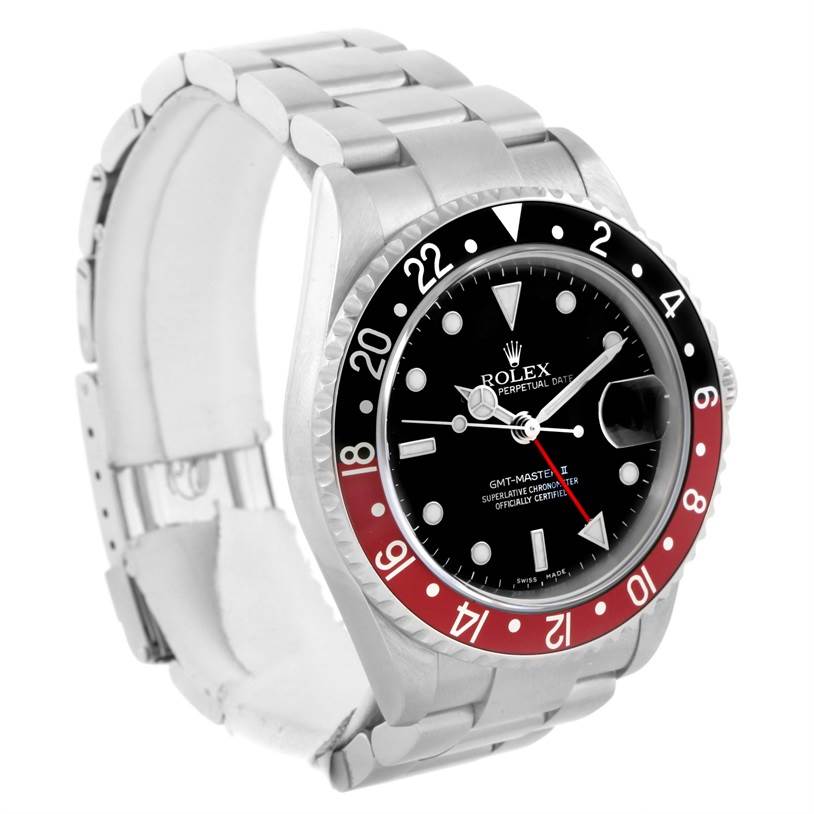 The image shows a Rolex GMT-Master 16710 Men's Stainless Steel Black Dial 16710 Men's Stainless Steel Black Dial watch angled to display the face, bezel, and part of the bracelet.