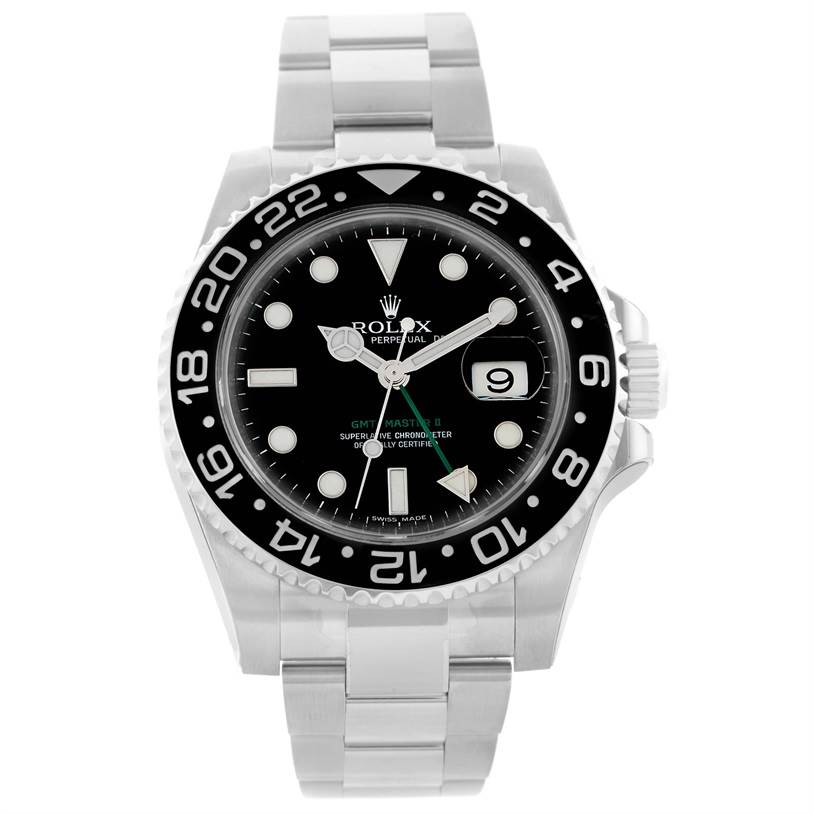 The Rolex GMT-Master 116710 Men's Stainless Steel Black Dial 116710 Men's Stainless Steel Black Dial watch is shown from the front, displaying the dial, bezel, bracelet, and date window.