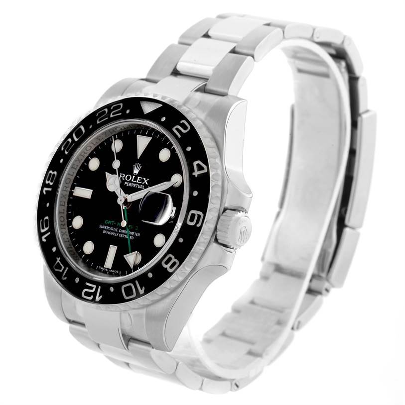 This image shows a Rolex GMT-Master 116710 Men's Stainless Steel Black Dial 116710 Men's Stainless Steel Black Dial watch at an angle highlighting the face, bezel, case, and part of the bracelet.