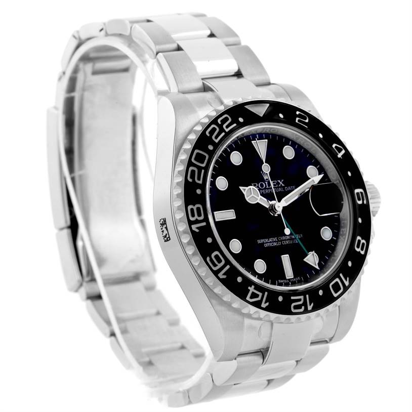 This image shows a Rolex GMT-Master 116710 Men's Stainless Steel Black Dial 116710 Men's Stainless Steel Black Dial watch at an angle displaying the watch face, bezel, and bracelet.