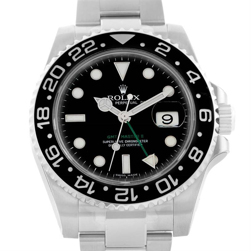 The image shows a front angle of a Rolex GMT-Master 116710 Men's Stainless Steel Black Dial 116710 Men's Stainless Steel Black Dial watch displaying the bezel, dial, hands, and bracelet.