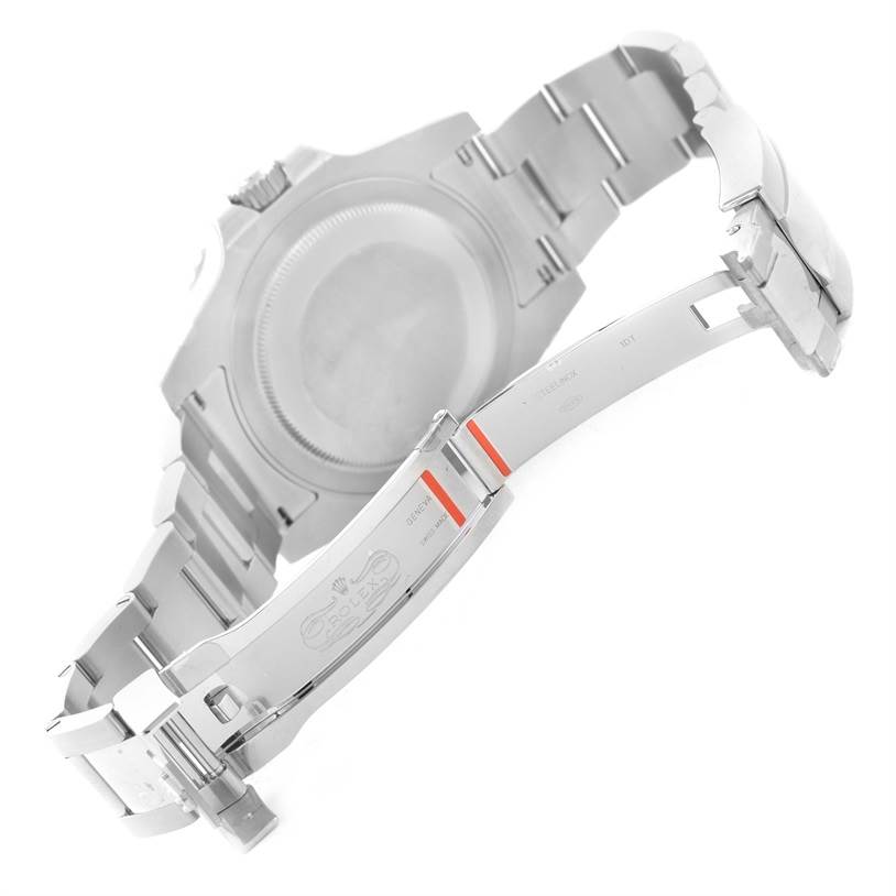 This image shows the back of the case and the open clasp of a Rolex GMT-Master 116710 Men's Stainless Steel Black Dial 116710 Men's Stainless Steel Black Dial watch.