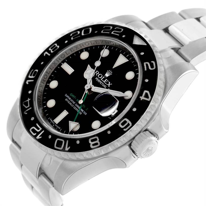 This is an angled side view of a Rolex GMT-Master 116710 Men's Stainless Steel Black Dial 116710 Men's Stainless Steel Black Dial watch, showing the bezel, dial, crown, and part of the bracelet.
