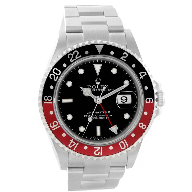 The image shows a frontal view of a Rolex GMT-Master 16710 Men's Stainless Steel Black Dial 16710 Men's Stainless Steel Black Dial II watch, highlighting the dial, bezel, bracelet, hands, and date display.