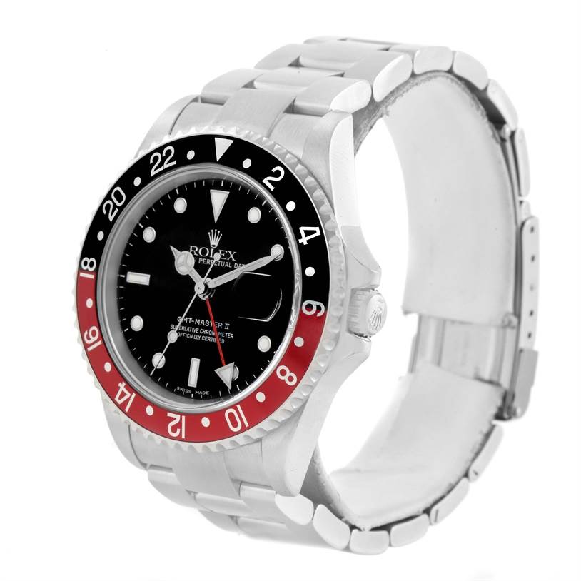 The Rolex GMT-Master 16710 Men's Stainless Steel Black Dial 16710 Men's Stainless Steel Black Dial II watch is angled to show the face, bezel, and partial bracelet.