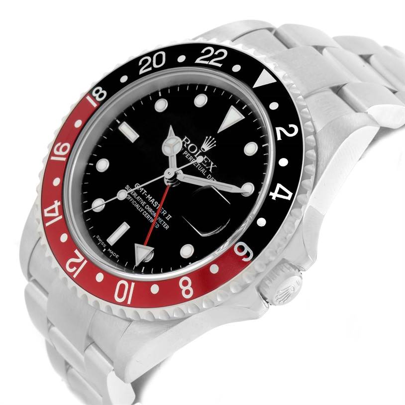 The image shows a Rolex GMT-Master 16710 Men's Stainless Steel Black Dial 16710 Men's Stainless Steel Black Dial watch from an angled perspective, highlighting its bezel, dial, crown, and bracelet.