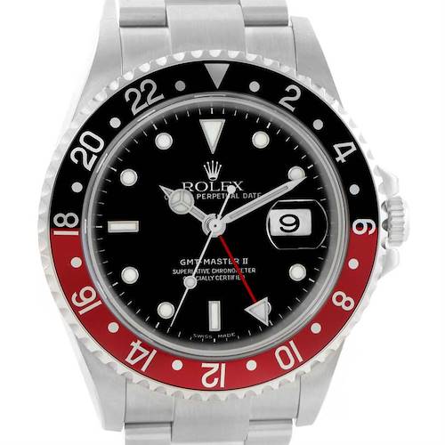 Photo of Rolex GMT Master II Black Red Coke Bezel Steel Watch 16710 Unworn