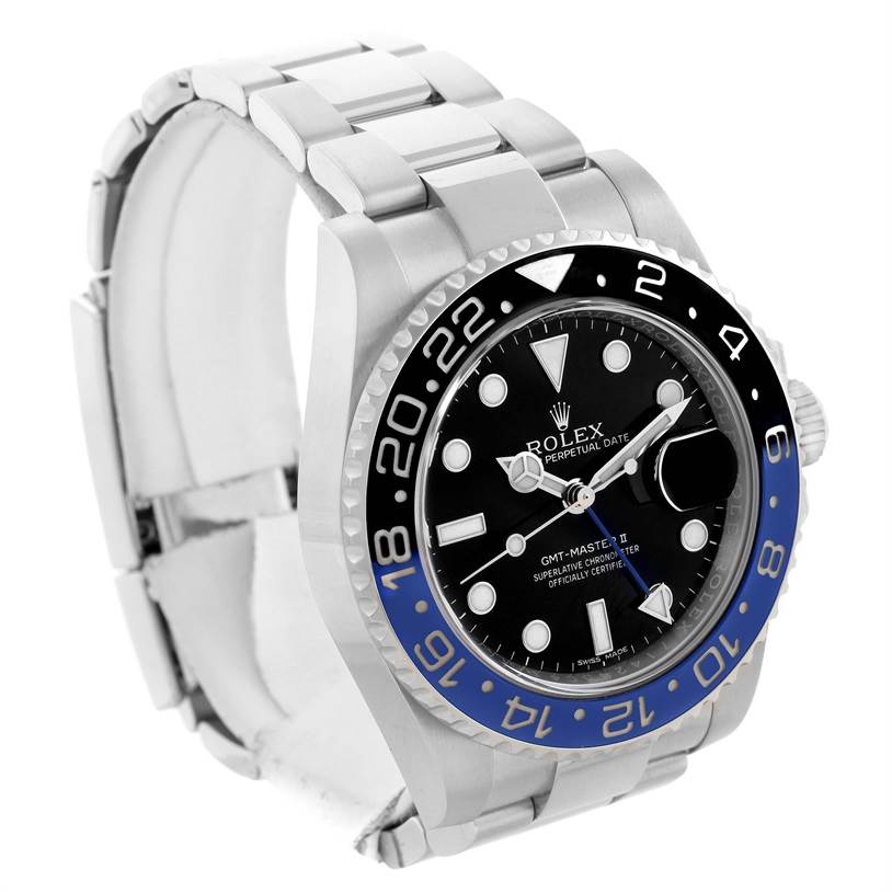 The image shows a Rolex GMT-Master 116710BLNR Men's Stainless Steel Black Dial 116710BLNR Men's Stainless Steel Black Dial II watch angled to display the face, bezel, dial, bracelet, and crown.