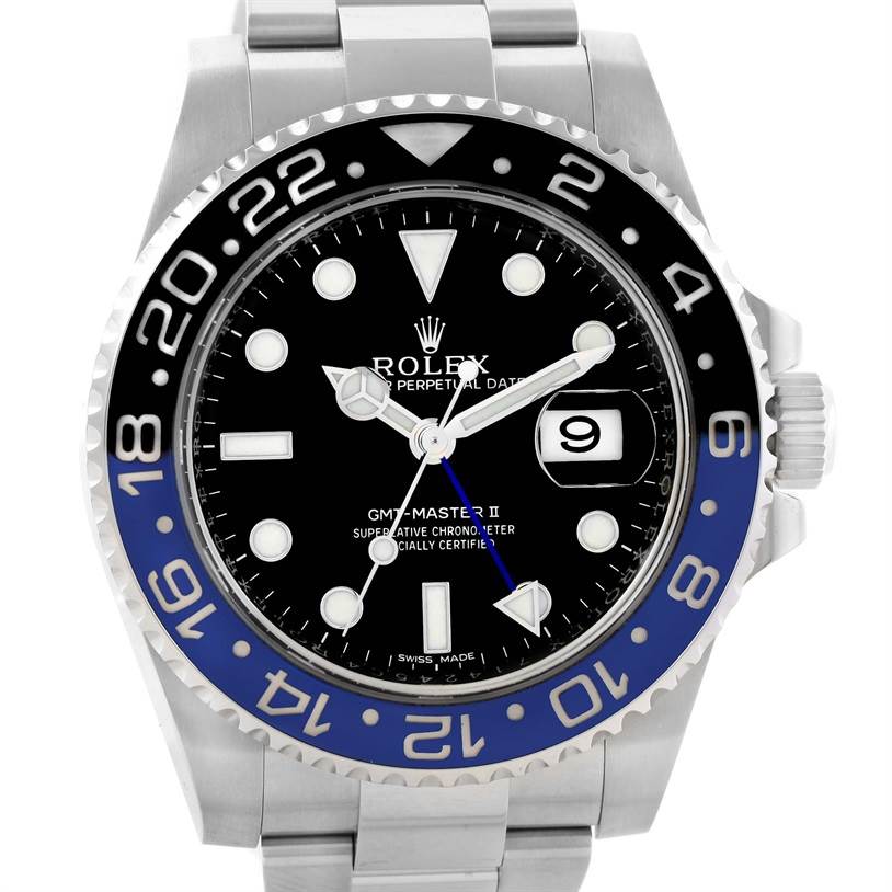 This image shows a front view of a Rolex GMT-Master 116710BLNR Men's Stainless Steel Black Dial 116710BLNR Men's Stainless Steel Black Dial II watch, highlighting its black dial, blue and black bezel, and stainless steel bracelet.