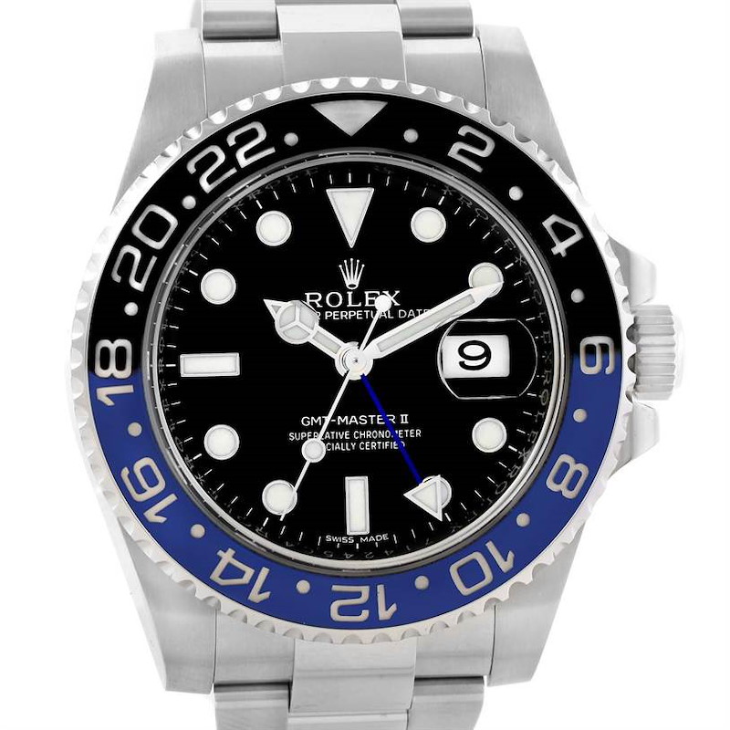 This image shows a front view of a Rolex GMT-Master II watch, highlighting its black dial, blue and black bezel, and stainless steel bracelet.