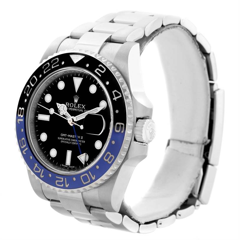 The image shows a Rolex GMT-Master 116710BLNR Men's Stainless Steel Black Dial 116710BLNR Men's Stainless Steel Black Dial II watch at a three-quarter angle highlighting its face, bezel, crown, and bracelet.
