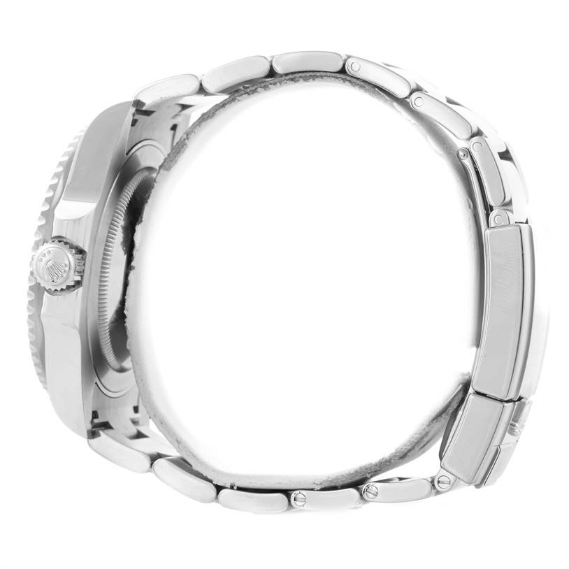 The image shows a side view of the Rolex GMT-Master 116710BLNR Men's Stainless Steel Black Dial 116710BLNR Men's Stainless Steel Black Dial watch, focusing on its case, crown, and part of the bracelet.