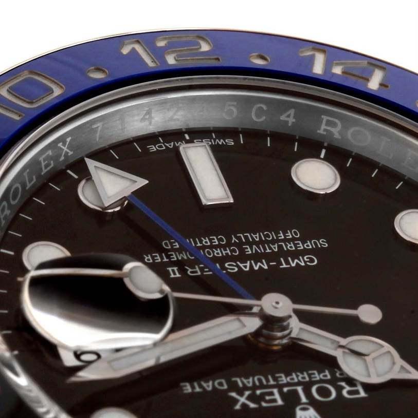 The image shows a close-up of the dial, hands, and bezel of the Rolex GMT-Master 116710BLNR Men's Stainless Steel Black Dial 116710BLNR Men's Stainless Steel Black Dial II watch.