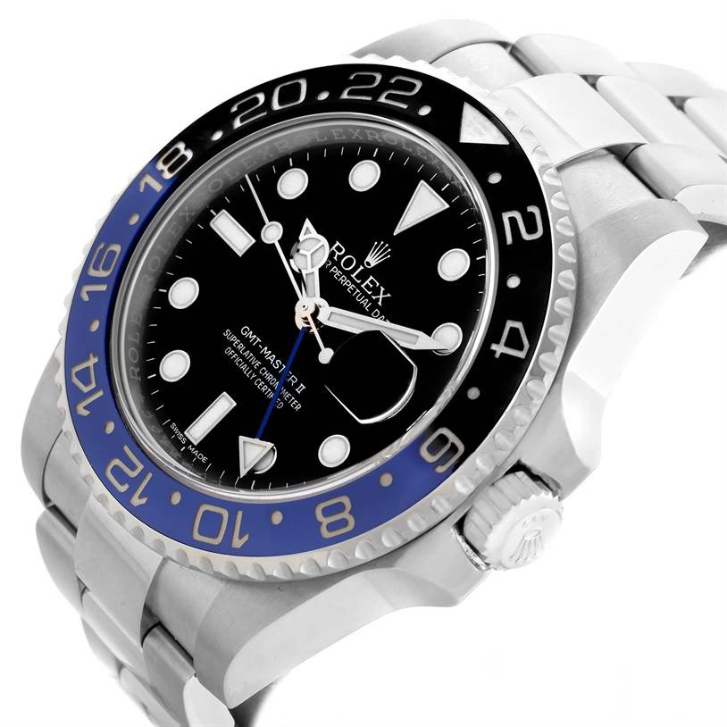 This image shows a side angle of the Rolex GMT-Master 116710BLNR Men's Stainless Steel Black Dial 116710BLNR Men's Stainless Steel Black Dial II watch, featuring its bezel, crown, dial, and part of the bracelet.