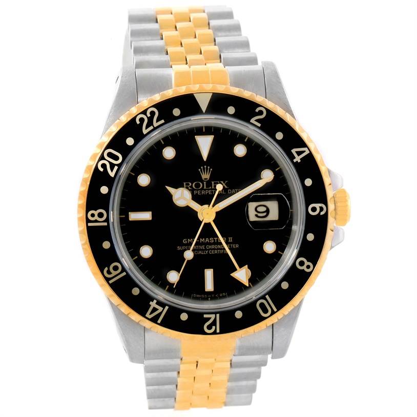 The Rolex GMT-Master 16713 Men
s Stainless Steel Black Dial 16713 Men
s Stainless Steel Black Dial watch is shown from the front, highlighting the dial, bezel, and bracelet.