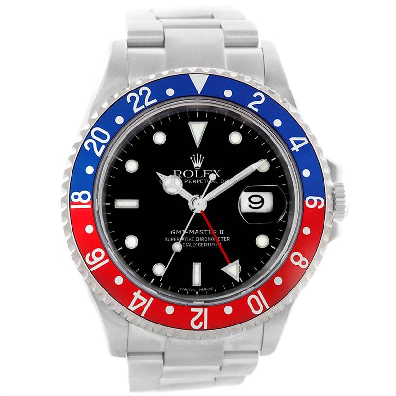 The image shows a front view of the Rolex GMT-Master 16710 Men's Stainless Steel Black Dial 16710 Men's Stainless Steel Black Dial II watch, highlighting the bezel, dial, and bracelet.