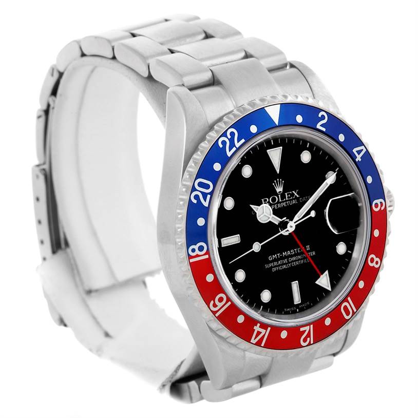 The image shows the Rolex GMT-Master 16710 Men's Stainless Steel Black Dial 16710 Men's Stainless Steel Black Dial watch from a front-left angle, highlighting its bezel, dial, hands, and bracelet.