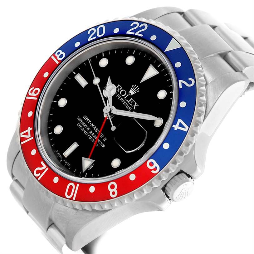 This image shows a Rolex GMT-Master 16710 Men's Stainless Steel Black Dial 16710 Men's Stainless Steel Black Dial II watch from a tilted angle, highlighting the bezel, dial, and part of the bracelet.
